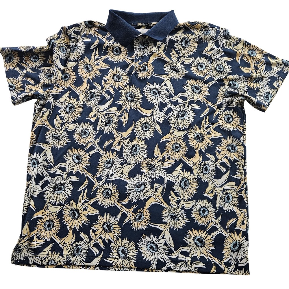 Goodfellow & Co Polo Shirt Mens XL Blue Sunflower Floral Print Knit